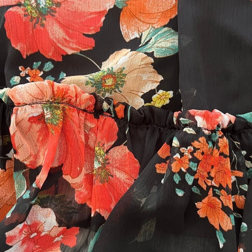 Floral Babydoll Mini Dress M Black Keyhole Bust Sheer Sleeve Boho Fairy Romantic